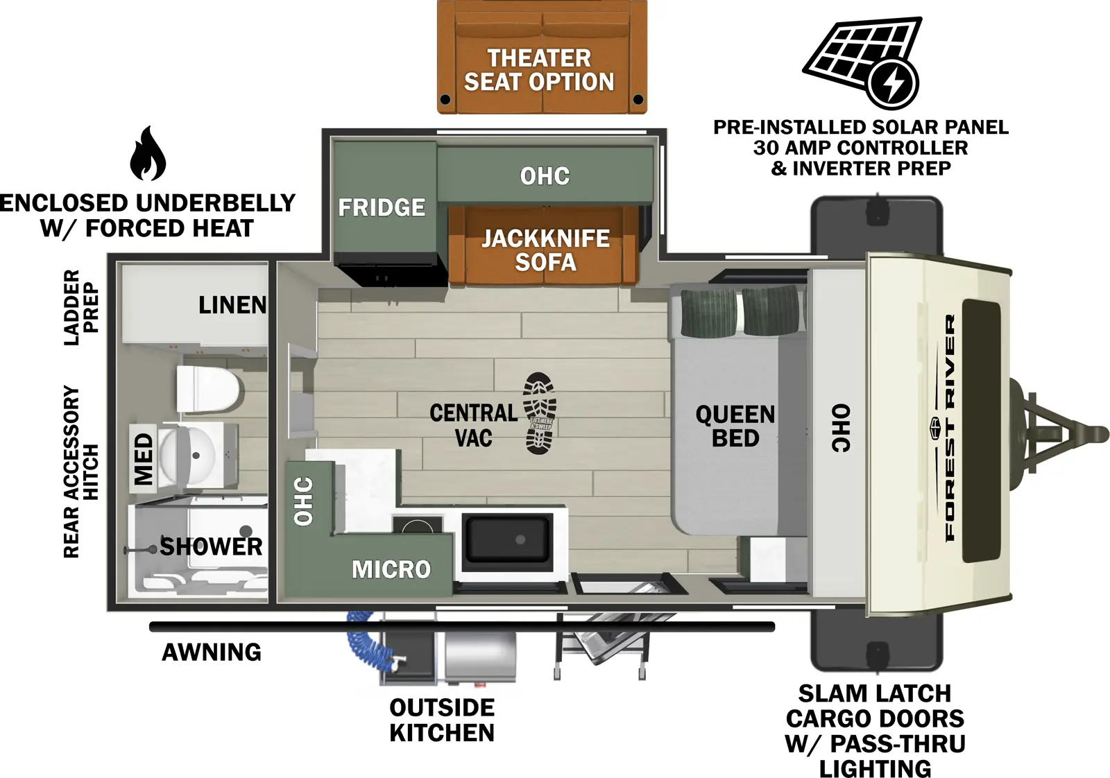 The No Boundaries NB18.3 (Coming Soon) floorplan has one entry and one slide out. Exterior features include: fiberglass exterior, 13' awning and outside kitchen. Interiors features include: front bedroom and rear bathroom.